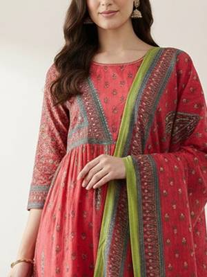 Women Ethnic Motifs Printed Empire Sequinned Pure Cotton Kurta with Trousers & With Dupatta 3