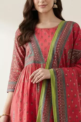 Women Ethnic Motifs Printed Empire Sequinned Pure Cotton Kurta with Trousers & With Dupatta