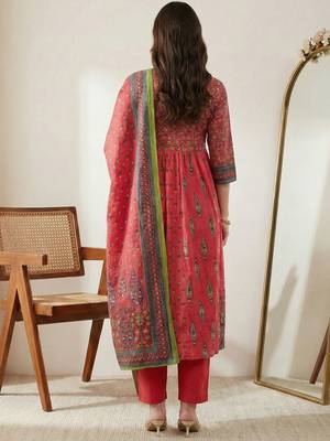 Women Ethnic Motifs Printed Empire Sequinned Pure Cotton Kurta with Trousers & With Dupatta 5