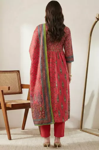 Women Ethnic Motifs Printed Empire Sequinned Pure Cotton Kurta with Trousers & With Dupatta