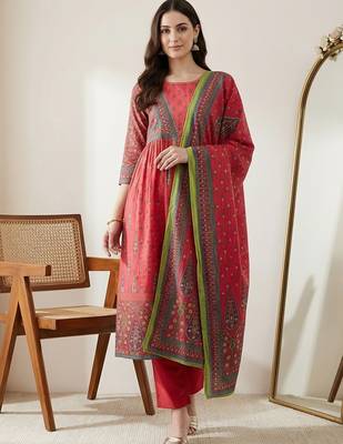 Women Ethnic Motifs Printed Empire Sequinned Pure Cotton Kurta with Trousers & With Dupatta 6
