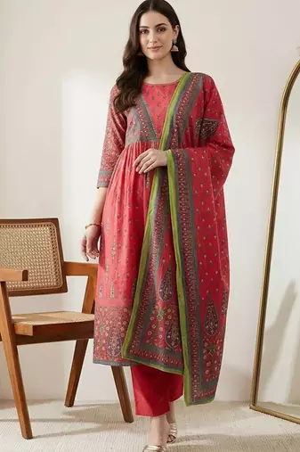 Women Ethnic Motifs Printed Empire Sequinned Pure Cotton Kurta with Trousers & With Dupatta