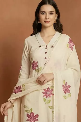 Women Floral Printed Regular Pure Cotton Kurta with Trousers & With Dupatta
