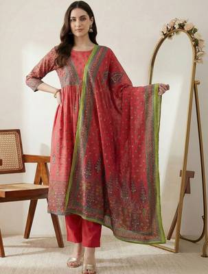 Women Ethnic Motifs Printed Empire Sequinned Pure Cotton Kurta with Trousers & With Dupatta 1