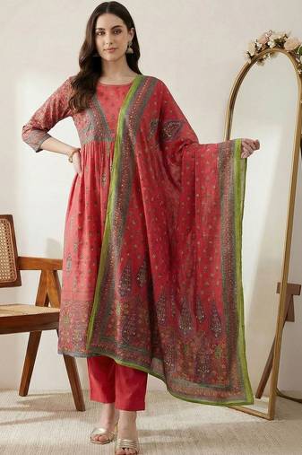 Women Ethnic Motifs Printed Empire Sequinned  Cotton Kurta with Trousers & With Dupatta