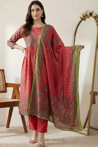 Women Ethnic Motifs Printed Empire Sequinned Pure Cotton Kurta with Trousers & With Dupatta