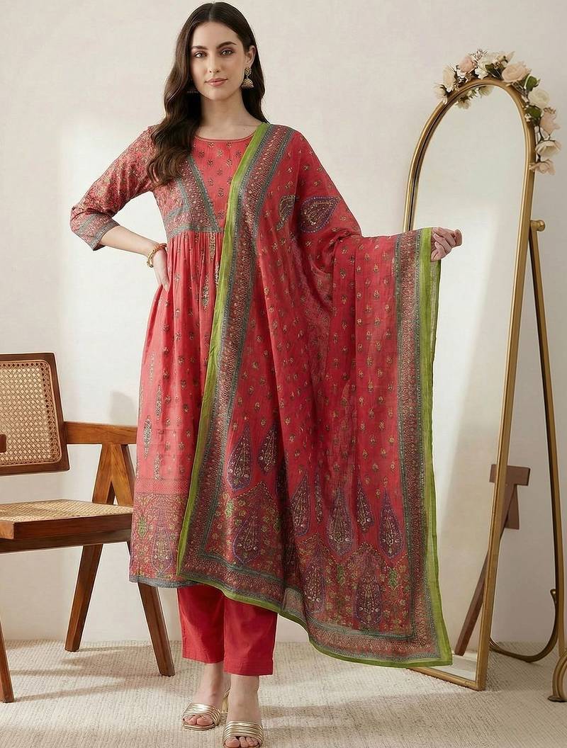 Women Ethnic Motifs Printed Empire Sequinned Pure Cotton Kurta with Trousers & With Dupatta