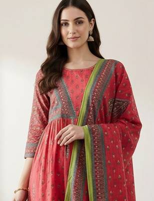 Women Ethnic Motifs Printed Empire Sequinned Pure Cotton Kurta with Trousers & With Dupatta 2
