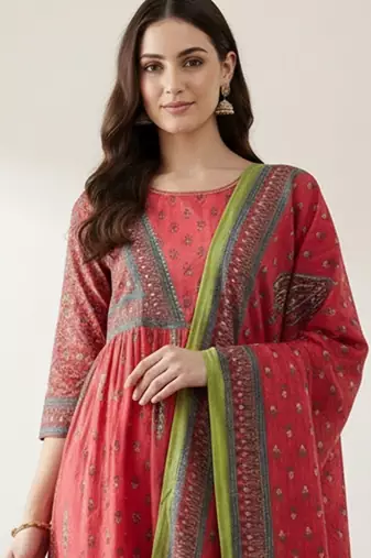 Women Ethnic Motifs Printed Empire Sequinned Pure Cotton Kurta with Trousers & With Dupatta