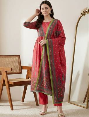 Women Ethnic Motifs Printed Empire Sequinned Pure Cotton Kurta with Trousers & With Dupatta 3
