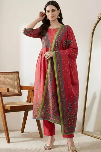 Women Ethnic Motifs Printed Empire Sequinned Pure Cotton Kurta with Trousers & With Dupatta