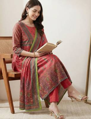 Women Ethnic Motifs Printed Empire Sequinned Pure Cotton Kurta with Trousers & With Dupatta 4