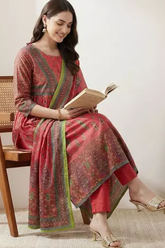 Women Ethnic Motifs Printed Empire Sequinned Pure Cotton Kurta with Trousers & With Dupatta
