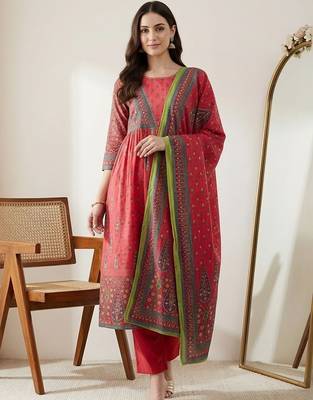 Women Ethnic Motifs Printed Empire Sequinned Pure Cotton Kurta with Trousers & With Dupatta 5