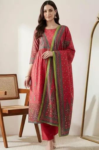 Women Ethnic Motifs Printed Empire Sequinned Pure Cotton Kurta with Trousers & With Dupatta