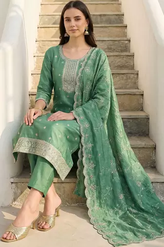 Women Ethnic Motifs Embroidered Regular Thread Work Kurta with Trousers & With Dupatta