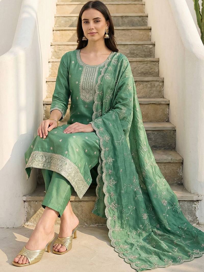 Women Ethnic Motifs Embroidered Regular Thread Work Kurta with Trousers & With Dupatta