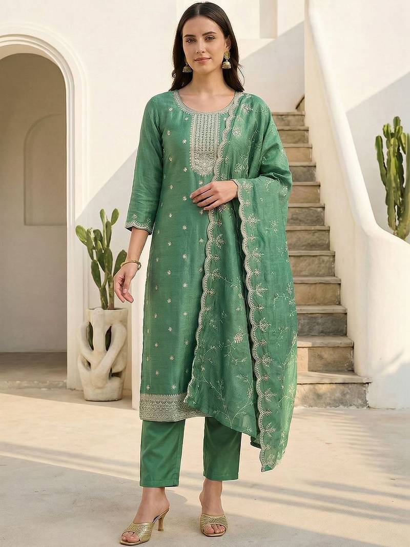 Women Ethnic Motifs Embroidered Regular Thread Work Kurta with Trousers & With Dupatta