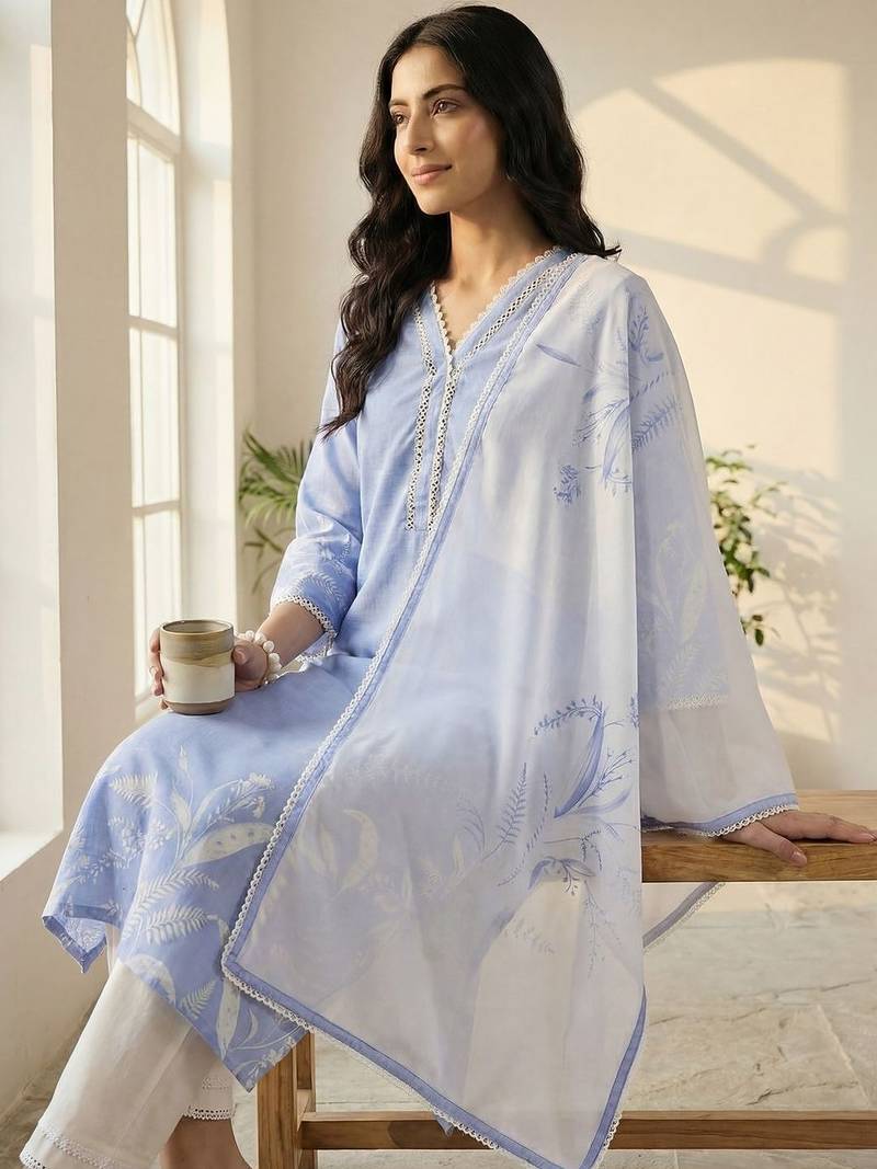 Women Floral Printed Regular Thread Work Linen Kurta with Trousers & With Dupatta