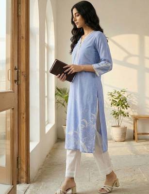 Women Floral Printed Regular Thread Work Linen Kurta with Trousers & With Dupatta 5