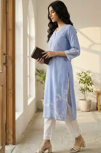 Women Floral Printed Regular Thread Work Linen Kurta with Trousers & With Dupatta
