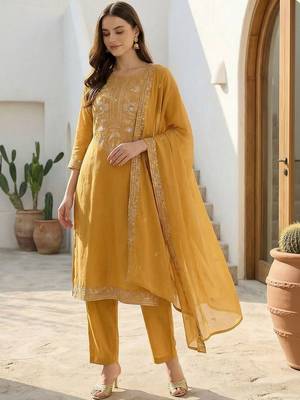 Women Ethnic Motifs Embroidered Regular Thread Work Pure Cotton Kurta with Trousers & With Dupatta 1