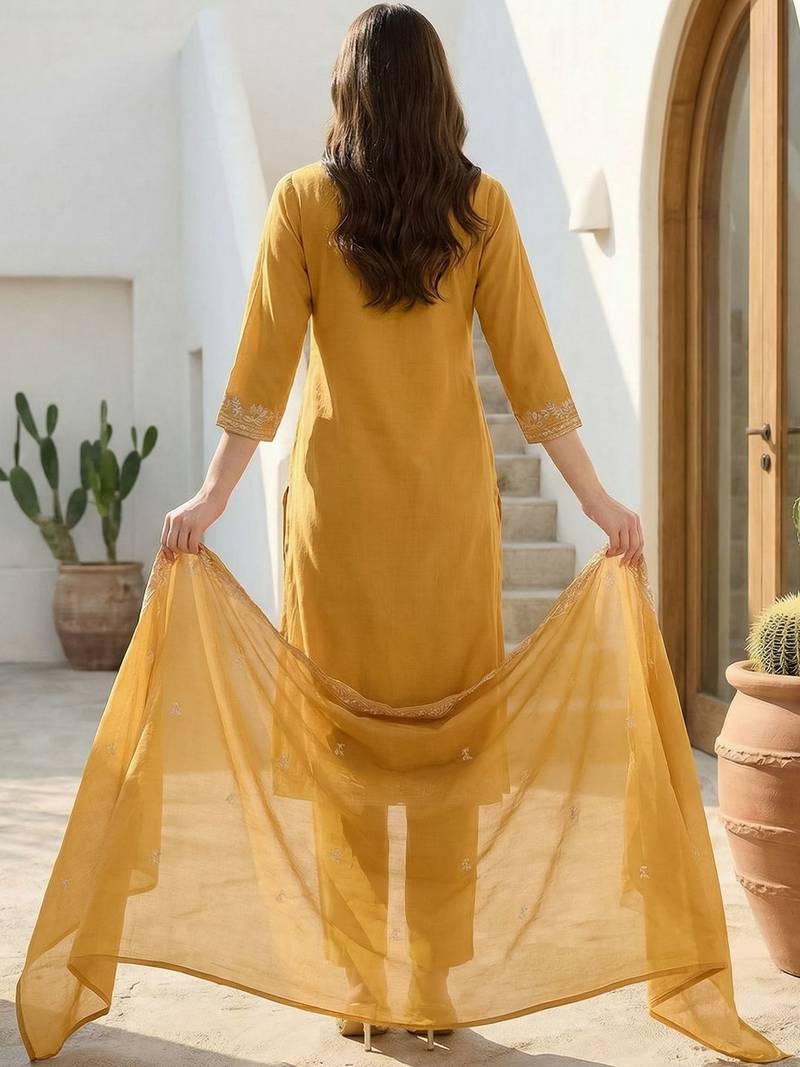 Women Ethnic Motifs Embroidered Regular Thread Work Pure Cotton Kurta with Trousers & With Dupatta