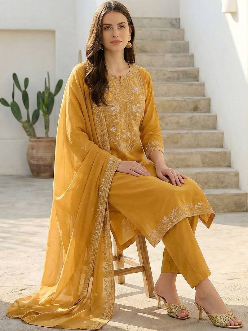 Women Ethnic Motifs Embroidered Regular Thread Work Pure Cotton Kurta with Trousers & With Dupatta