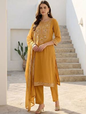 Women Ethnic Motifs Embroidered Regular Thread Work Pure Cotton Kurta with Trousers & With Dupatta 5