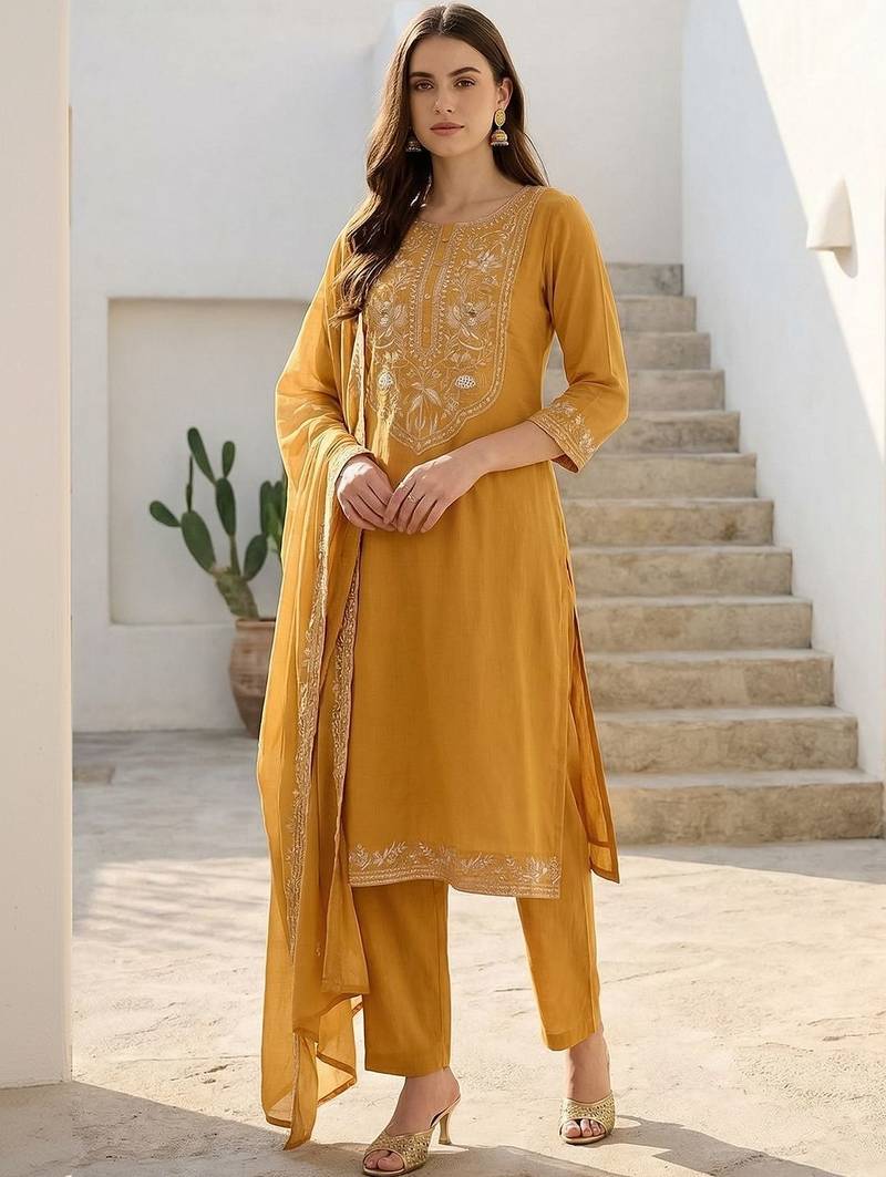 Women Ethnic Motifs Embroidered Regular Thread Work Pure Cotton Kurta with Trousers & With Dupatta