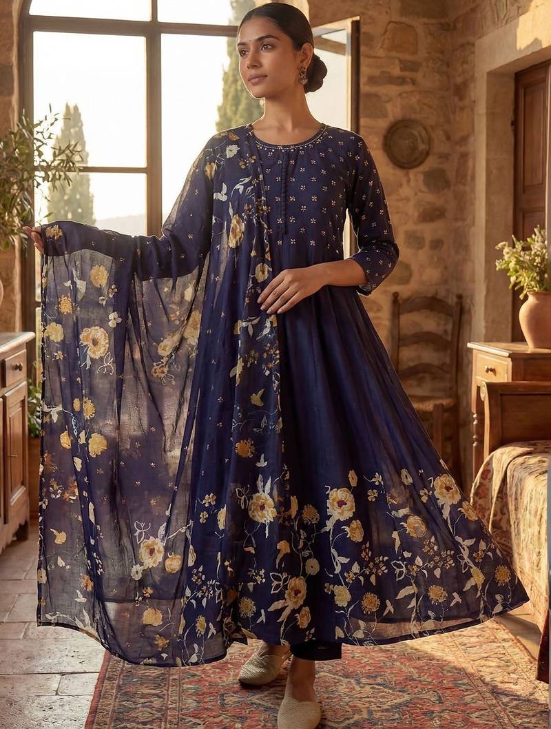 Women Floral Printed Panelled Pure Cotton Kurta with Trousers & With Dupatta