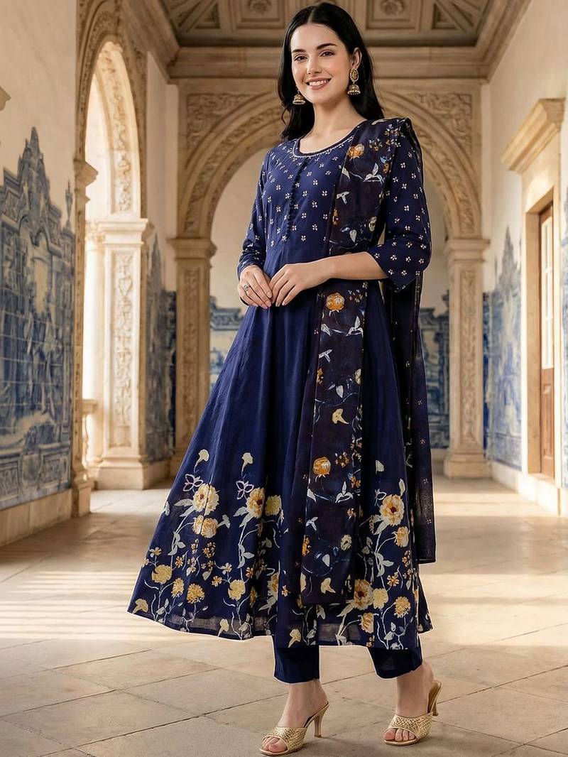Women Floral Printed Regular Thread Work Pure Cotton Kurta with Trousers & With Dupatta