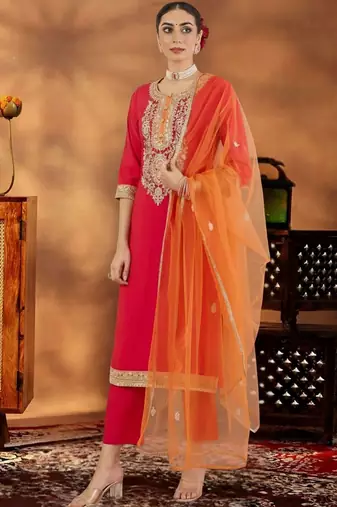 Women Ethnic Motifs Embroidered Regular Kurta with Trousers & With Dupatta