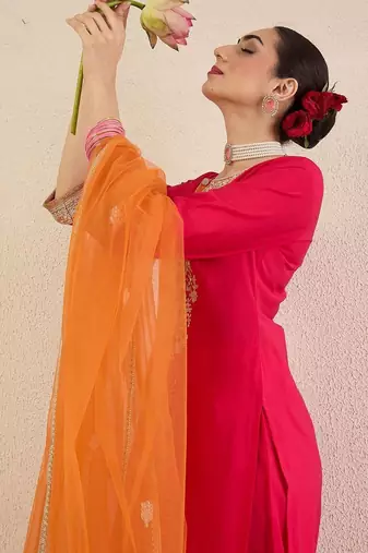 Women Ethnic Motifs Embroidered Regular Kurta with Trousers & With Dupatta