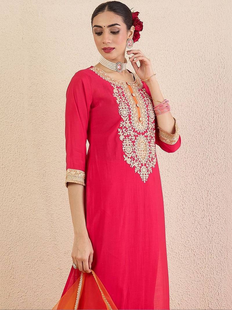 Women Ethnic Motifs Embroidered Regular Kurta with Trousers & With Dupatta