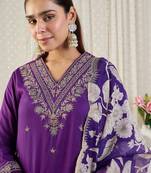 Floral Embroidered Thread Work Straight Kurta With Patiala & Dupatta