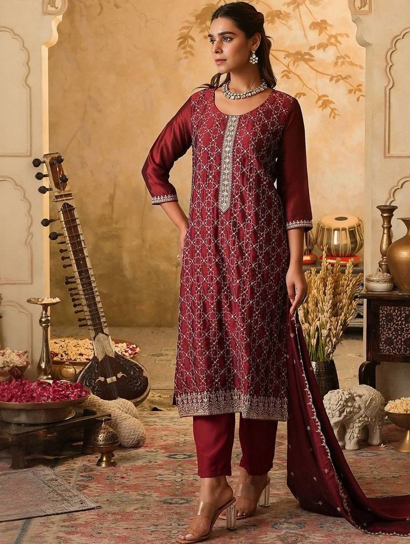Women Ethnic Motifs Embroidered Thread Work Kurta with Trousers & Dupatta