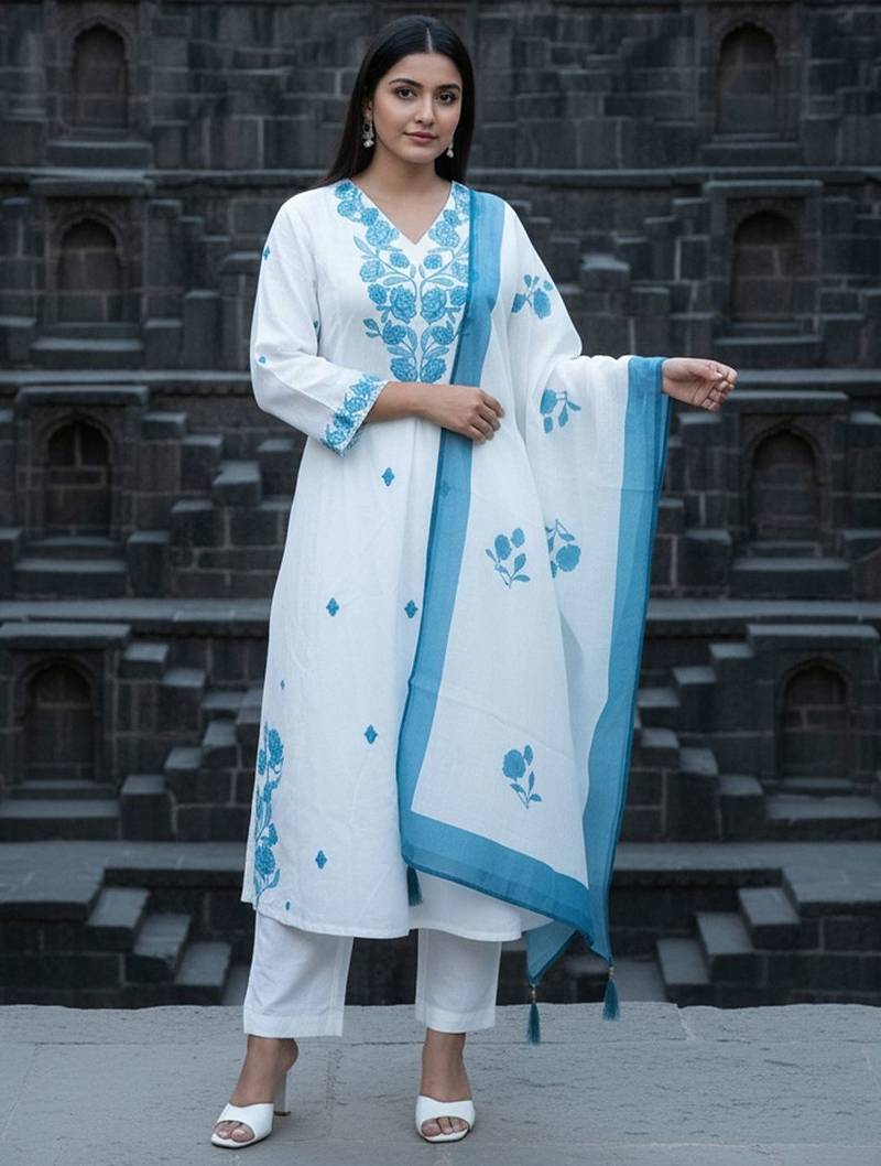 Women Floral Embroidered Regular Thread Work Kurta with Trousers & With Dupatta