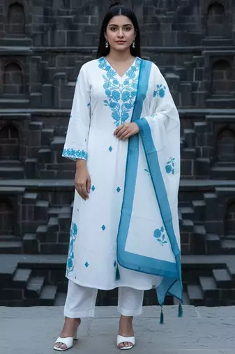 Women Floral Embroidered Regular Thread Work Kurta with Trousers & With Dupatta
