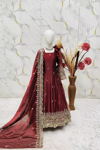 Heavy fendy silk blend   embroidery and sequnce woek maroon readymade salwar suit