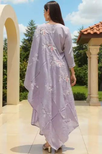 Floral Embroidered Thread Work Pure Cotton Kurta With Trousers & Dupatta