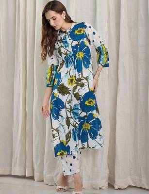 Women Floral Printed Regular Pure Cotton Kurta with Trousers 5