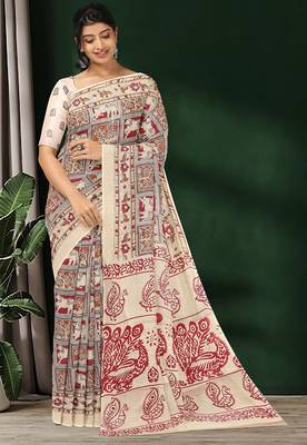 Natural ivory & madder red printed andhra cotton saree with running blouse 1