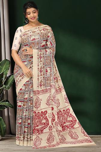 Natural ivory & madder red printed andhra cotton saree with running blouse