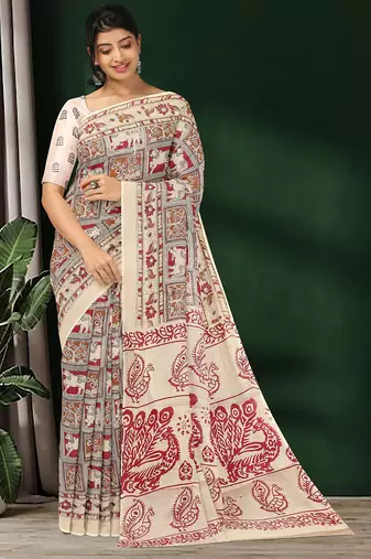 Natural ivory & madder red printed andhra cotton saree with running blouse