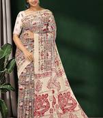 Natural ivory & madder red printed andhra cotton saree with running blouse