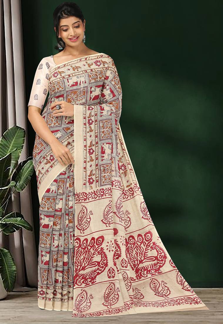 Natural ivory & madder red printed andhra cotton saree with running blouse