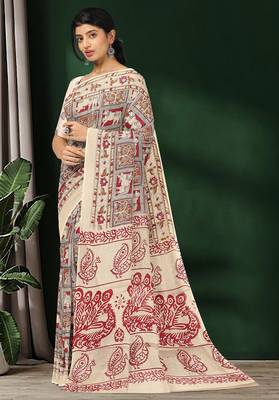 Natural ivory & madder red printed andhra cotton saree with running blouse 2
