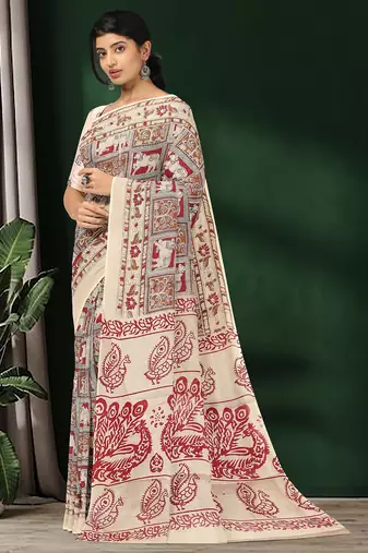 Natural ivory & madder red printed andhra cotton saree with running blouse