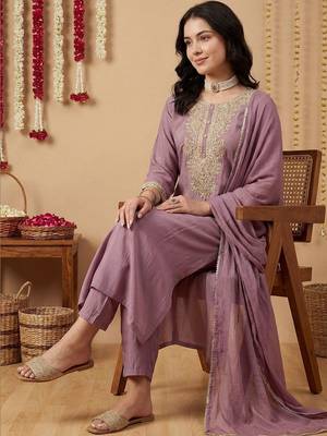 Women Ethnic Motifs Embroidered Regular Thread Work Kurta with Trousers & With Dupatta 1